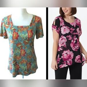 (2)Susan Graver Printed Tops Size XL Black Sheer Chiffon & Square Neck Flutter